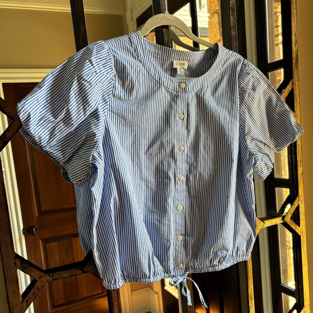 J. Crew Blue and White Striped Button-Front Top with Tie Hem
